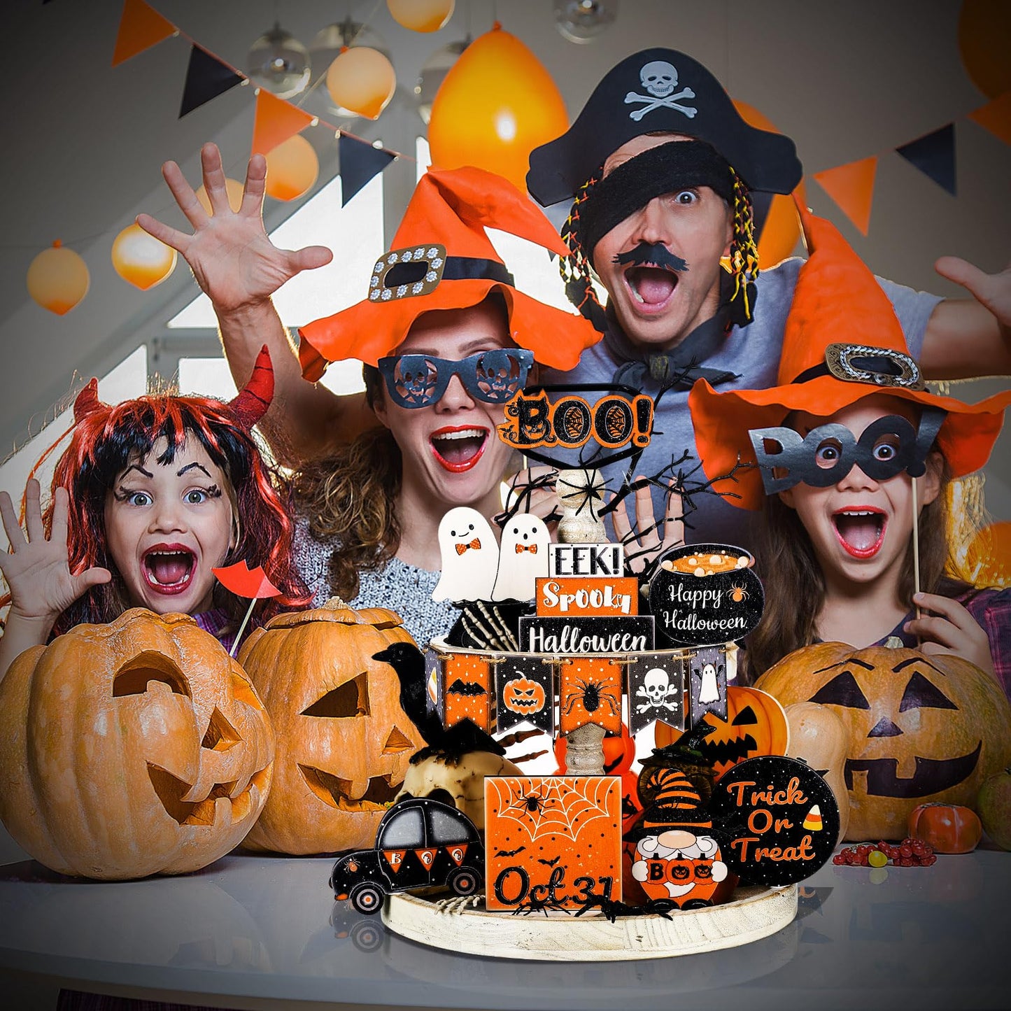 Thyle 15 Pcs Halloween Tiered Tray Decor Set Cute Halloween Wooden Signs Black and Orange Tray Signs Happy Halloween Wooden Signs Ghost Wooden Block Halloween Decor for Home