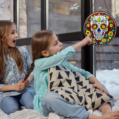 Dia De Los Muertos Sugar Skull Stained Glass Window Hanging Skull Sun Catcher Halloween Decor Halloween Home Decoration Suncatchers for Garden Home Windows Hanging, 7.87inch