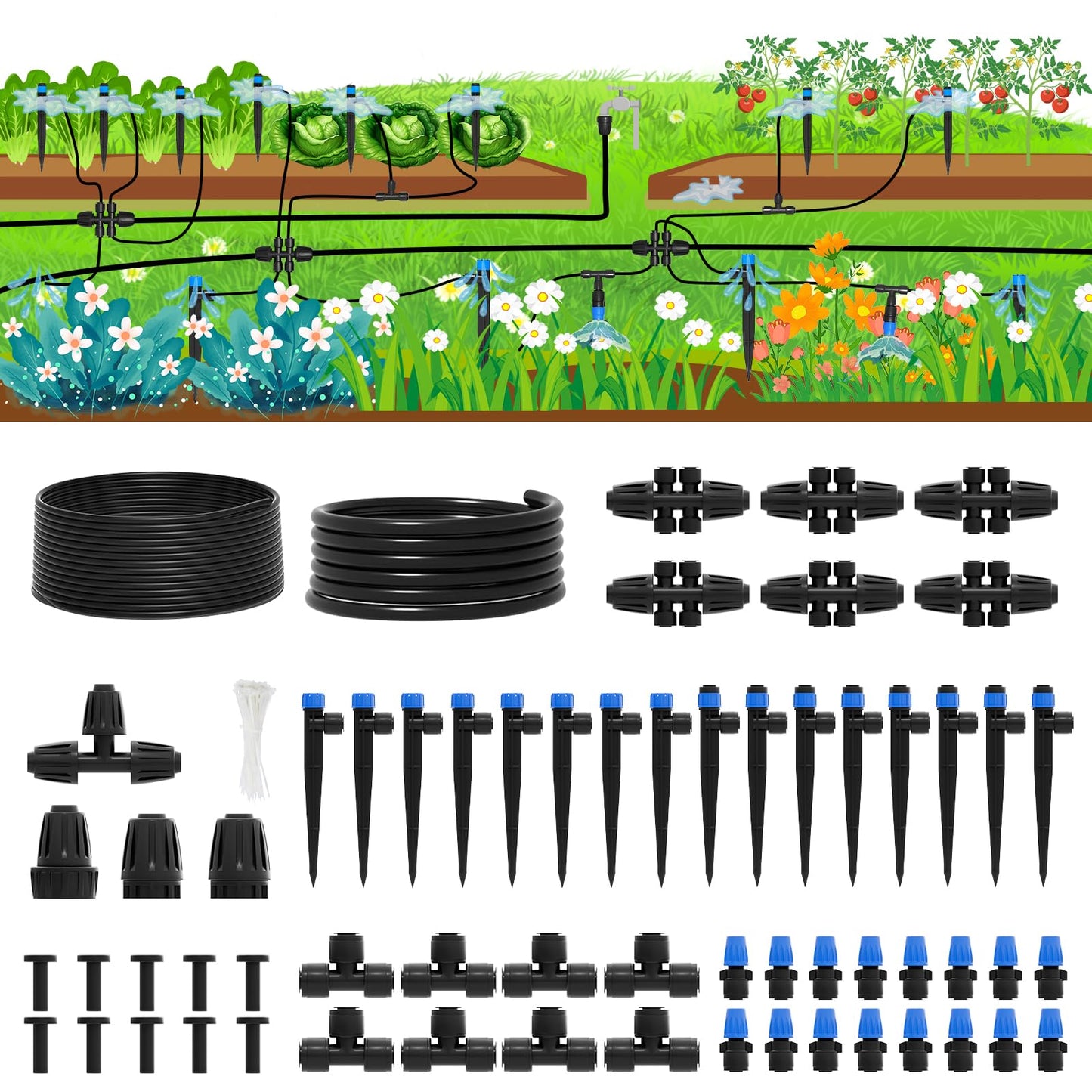 HEKIWAY 2026 Upgrade 230FT Quick-Connect Drip Irrigation System Kit with 1/4” & 1/2” Fast-Lock Tubing, Adjustable Emitters & Sprinklers for Garden & Greenhouse