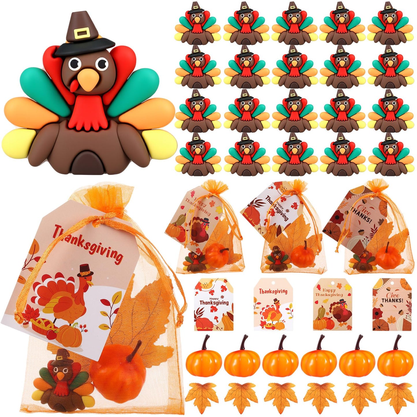 Halloscume 120 Pcs Thanksgiving Party Favor Decorations Fall Gifts, Include Mini Turkey Figurines Foam Pumpkin Maple Leaves Thanksgiving Cards with Orange Organza Bag for Harvest Home Table Decor
