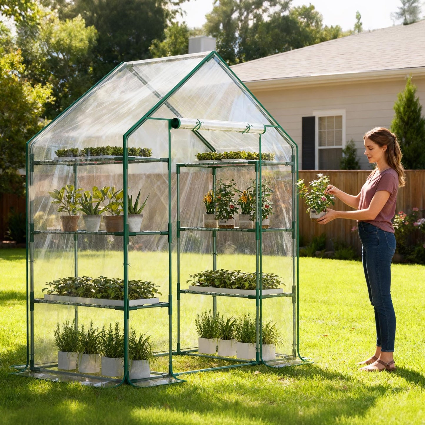 Indoor Greenhouse with Grow Light, 4-Tier 56.3"x28.7"x76.8" Mini Greenhouse with Roll-Up Zippered PVC Cover for Seed Starting Trays, Dimmable Grow Light Shelf for Indoor Plants with Timer