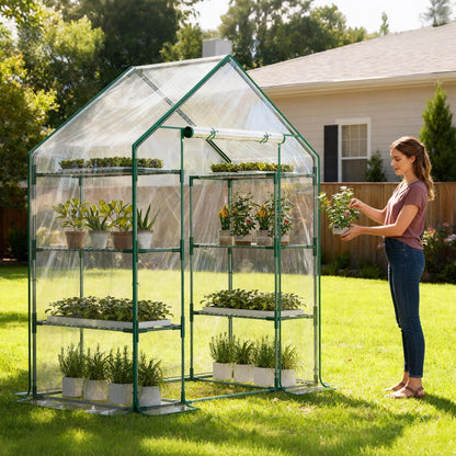 Indoor Greenhouse with Grow Light, 4-Tier 56.3"x28.7"x76.8" Mini Greenhouse with Roll-Up Zippered PVC Cover for Seed Starting Trays, Dimmable Grow Light Shelf for Indoor Plants with Timer