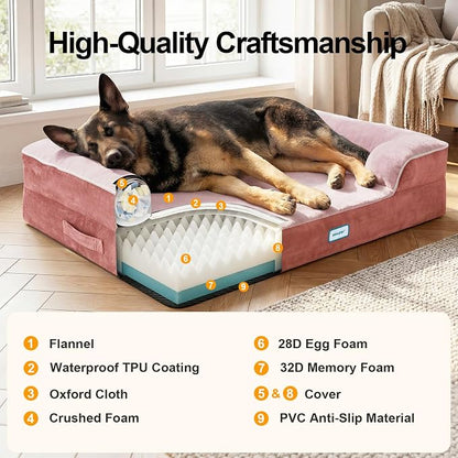 OhGeni Orthopedic Dog Bed Couch Big Cat Sofa for Extra Large Sized Pets with Memory Foam, Machine-Washable Waterproof Removable Cover, Soft Comfortable Fabric, 44-inch (Pink)