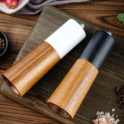 GCFTIFF Wooden Salt and Pepper Grinder Set,Crafted of Solid Acacia Wood with Ceramic Steel Core,Adjust for Customized Coarseness,Pepper Mill with Wooden Stand & Spoon(2pcs white + black,6 inches)