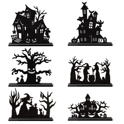 WATINC Halloween Wooden Centerpiece Decorations - Haunted House Witch Tree Silhouette Sketch Wood Tabletop Ornaments, Halloween Black Pumpkin Boo Desk Tiered Tray Decor for Home Kitchen Party