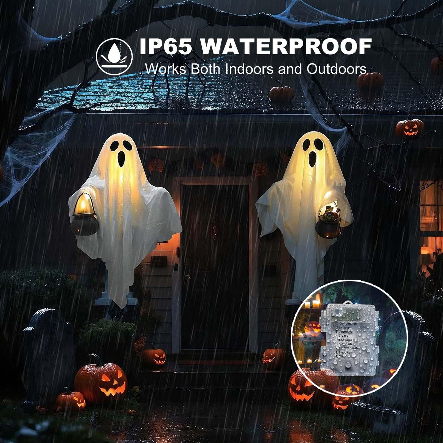[Timer] 2 Pack Halloween Light Up Ghost Decorations, Battery Operated Flying Hanging Ghosts Glowing Led Lights Remote Control 8 Lighting Modes Floating Swinging Yard Garden Porch Outdoor Indoor Decor