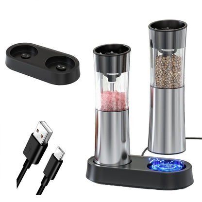 VITSOL Gravity Electric Salt and Pepper Grinder Set, No Battery Needed, One Handed Operation, Automatic Salt & Pepper Mill - Spice Grinder, LED Light (2 Pack) (Stainless Steel Silver)