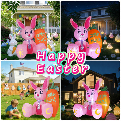 5.15FT Easter Inflatable Bunny Outdoor Decorations, Pink Rabbit with Orange Carrot, Built-in LED Lights and Anchor Kit, Blow Up Yard Decor for Garden, Lawn, Patio, Easter Egg Hunt Party