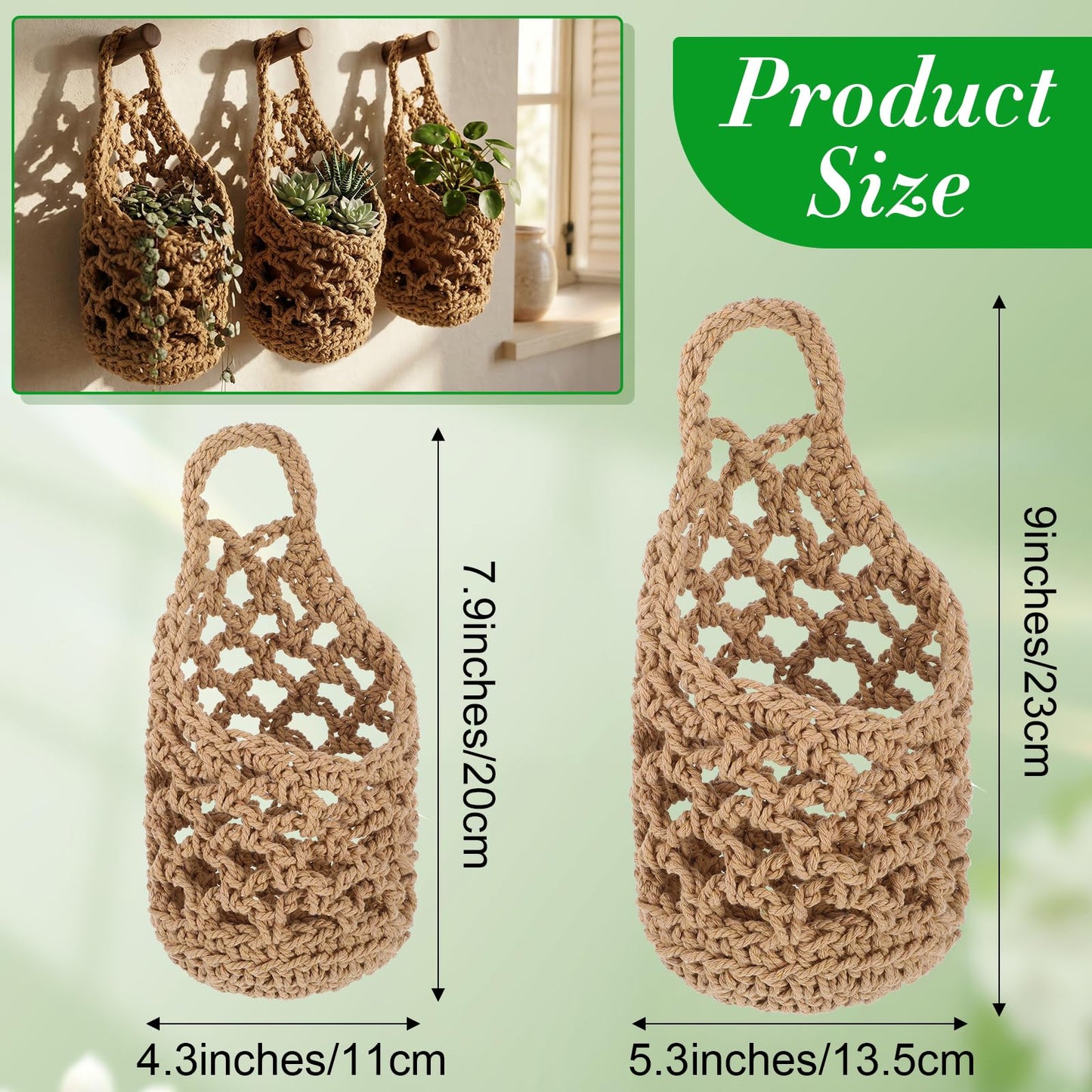 Leooomap 6 Pcs Macrame Hanging Planter Set - 3 Small (5.3"x9") & 3 Mini (4.3"x7.9") Boho Wall Mounted Cotton Baskets for Indoor Plants, Linen Color, Plants & Pots Not Included