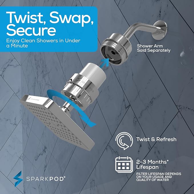 SparkPod 23-Stage Filtered Shower Head, 6" Square, Polished Chrome | Filtered Shower Head for Hard Water Filter, High Pressure, Reduces Chlorine, Heavy Metals, For Dry Skin & Hair