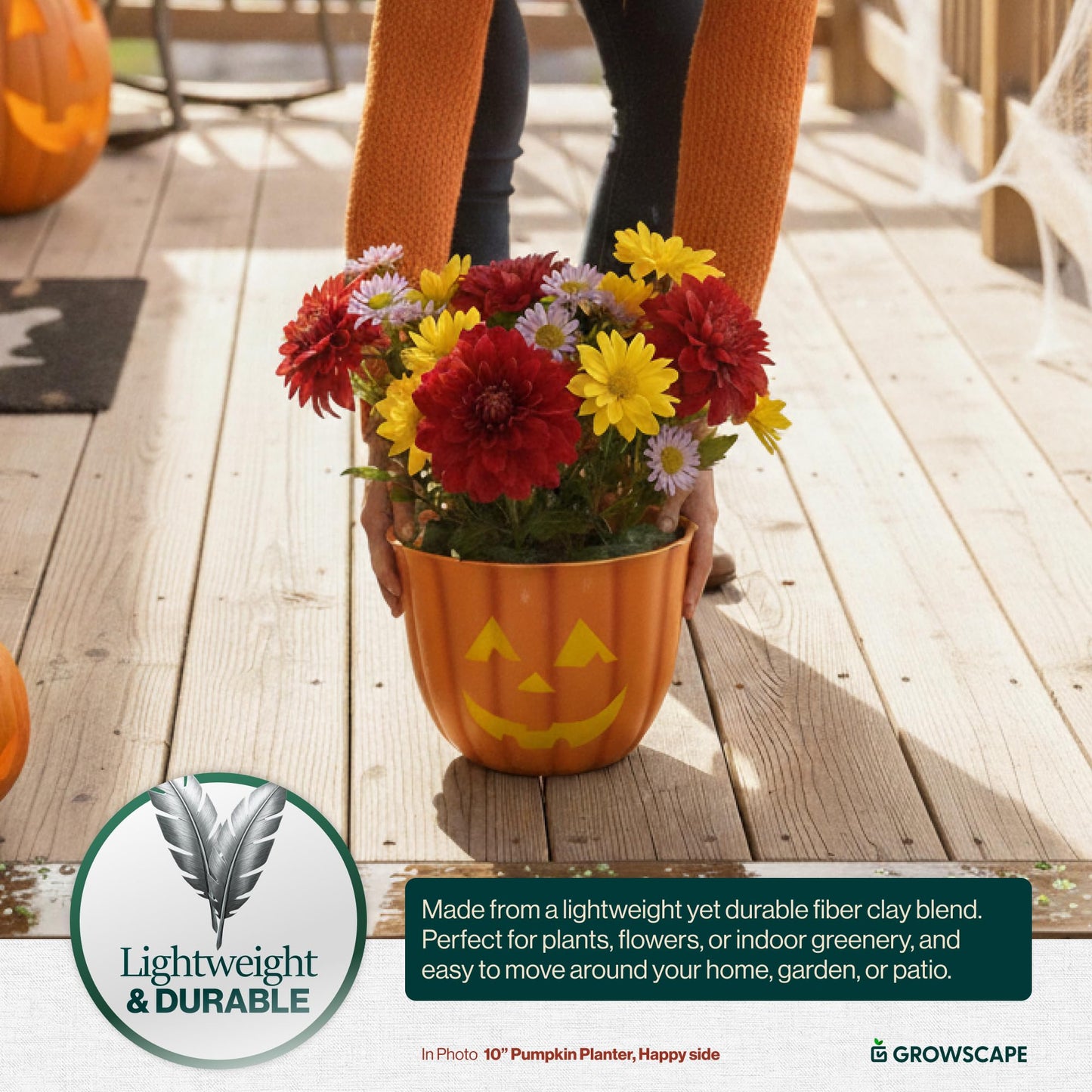 GROWSCAPE Halloween Pumpkin Planter with Face - 10” Fiber Clay Pot with Drainage Candy or Snack Bowl Indoor Outdoor, Fall and Halloween Decor (2 Pack)
