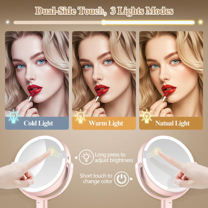 Makeup Mirror with Lights, Double Sided 1x/20x Magnifying Mirror with Light, Rechargeable 3 Color Lights and Adjustable Brightness, 360° Rotation Detachable Comes with Tweezer(Black)