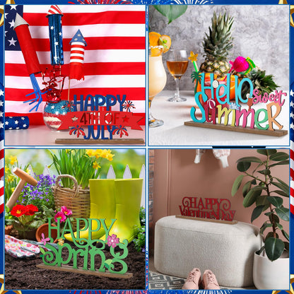 12 Pcs Interchangeable Seasonal Decor Holiday Sign Wooden Desk Table Decor for Office Home Rustic Farmhouse Multiple Holiday Sign with Wooden Base Tiered Tray Tabletop Mantel Easter Welcome Signs