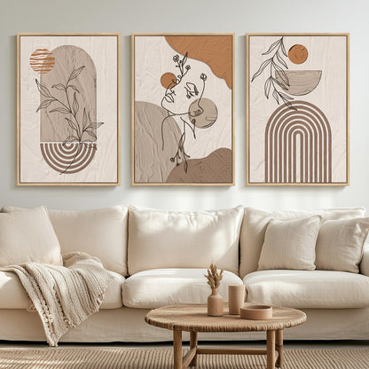 Framed Boho Sage Green Wall Art for Living Room, Large Mid Century Modern Tropical Leaf Canvas Artwork for Walls, 3 Piece Beige Orange Bohemian Wall Art Prints for Bedroom Kitchen Hallway, 16x24 Inch