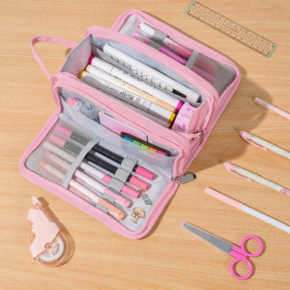 Sooez Large Pencil Case, Big Capacity Pencil Pouch Pen Bag with 3 Compartment, Portable Canvas Stationery Organizer with Zipper, Cute Aesthetic School Supplies for Teen Girls College, Pink with Plaid