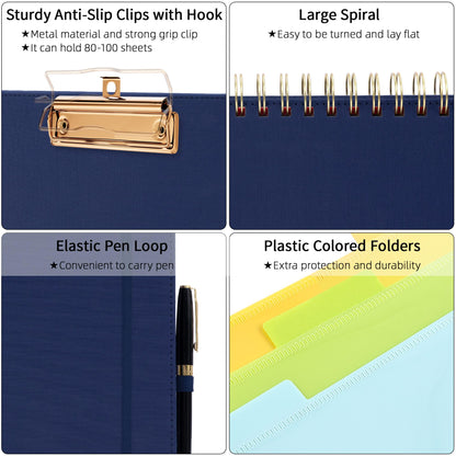 Ospelelf Bule Foldable Spiral Clipboard Folio with Storage Zipper Pouch, 5 Plastic Folders with 10 Pockets, Refillable Lined Notepad (11" x 8.5"), Linen Hardcover Project Organizer