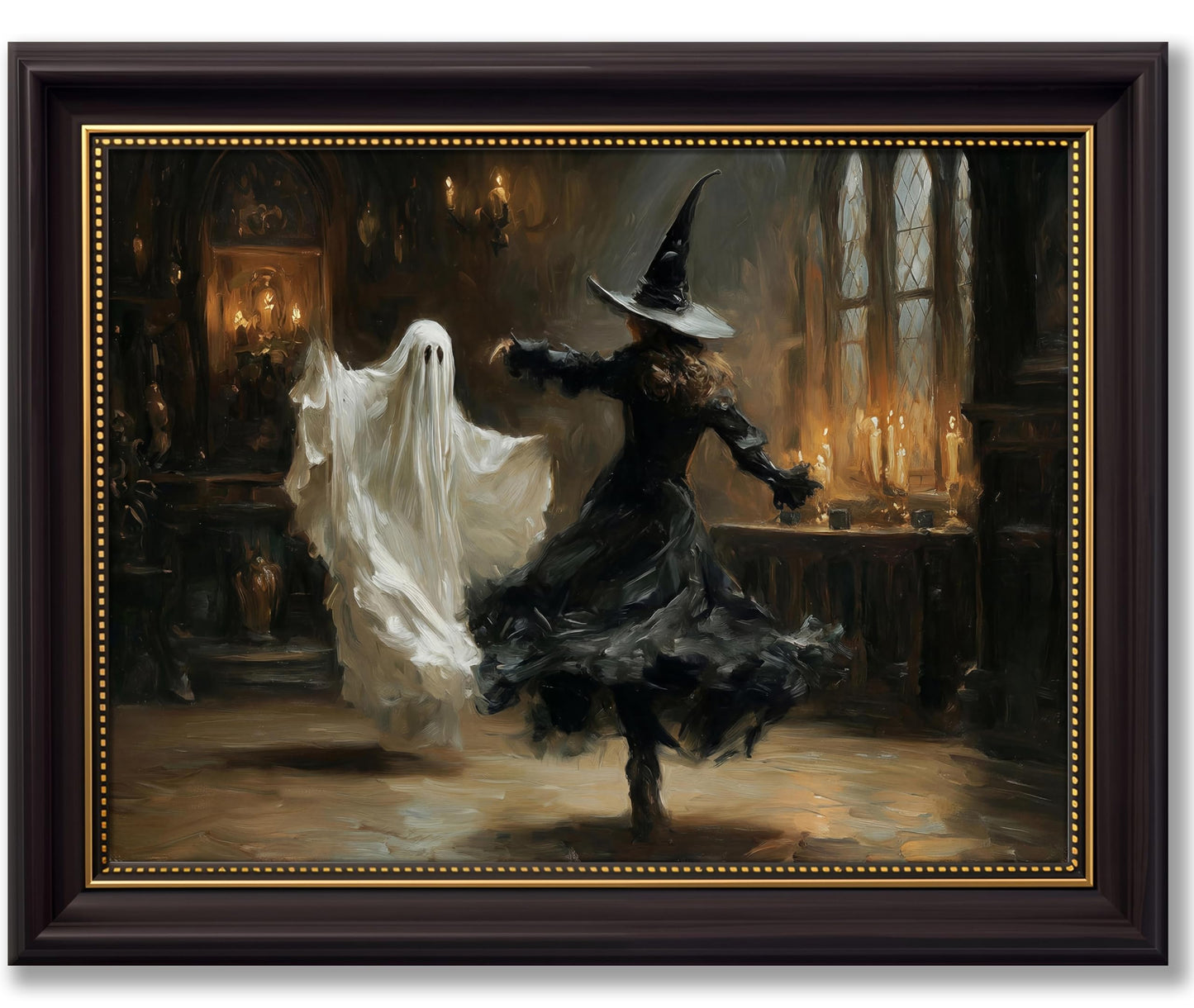 Vbaourut Framed Halloween Wall Art, Dancing Witch and Ghost Canvas Painting, Vintage Gothic Poster with Dark Brown Frame and Upgraded Hook and Loop for Living Room, 12x16 in