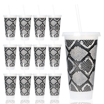 LIONSOUL 12 Pack Snake Print Reusable Cups with Lids and Straws 24 oz Plastic Tumblers Bulk Snakeskin Pattern Party Cups for Birthday Halloween Fashion Theme Party Supplies