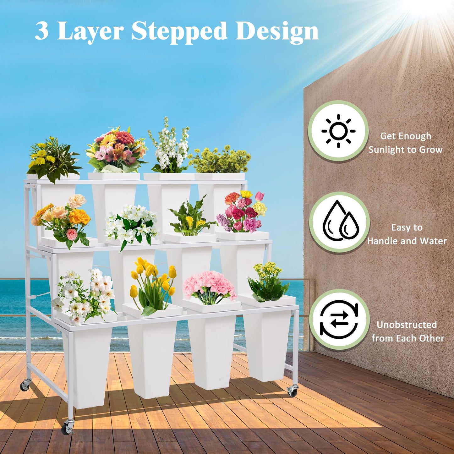 Flower Display Stands with Buckets, 3-Tier Rolling Plant Stand with Locking Wheels - Heavy Duty Metal Flower Cart for Indoor/Outdoor Use, Wedding Decor & Florist Displays (Holds 12 Pots) (White)