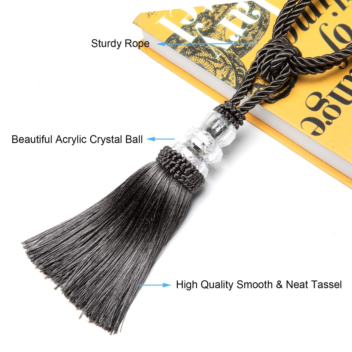 Fenghuangwu Tassel Curtain Tiebacks Handmade Curtain Tie Backs, Elegant Crystal Curtain Holdbacks for Home Office Decor (Charcoal, 2P)