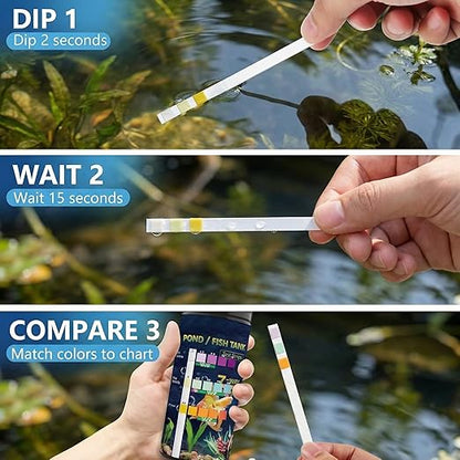 7-in-1 Pond & Fish Tank Test Strips - 100 Count | Fast 30s Water Test Kit for Carbonate, pH, Hardness, Chlorine, Nitrate, Nitrite | Freshwater & Saltwater Aquariums