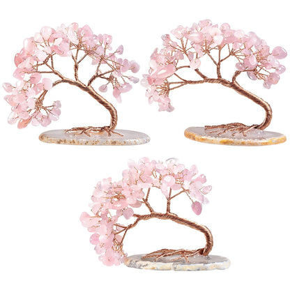TUMBEELLUWA Reiki Crystal Money Tree with Agate Slice Base Feng Shui Stone Bonsai Tree Figure Decor for Happiness Good Luck and Wealth, Rose Quartz
