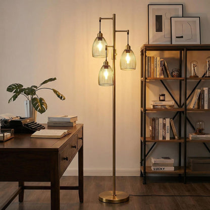 Dimmable Floor Lamp, Industrial Floor Lamps for Living Room, Antique Brass Tree Lamp Standing Lamp Tall Lamps with 3 Elegant Teardrop Cage Head & 800 Lumens LED Bulbs for Living Room Bedroom Office