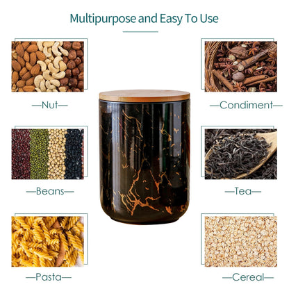 Tenforie Ceramic Canister Set with Bamboo Airtight Lids, 3-Piece Kitchen Storage Jars (48oz, 30oz, 12oz) – Black with Gold Marble Pattern, Glossy Finish, for Coffee, Sugar, Flour & More