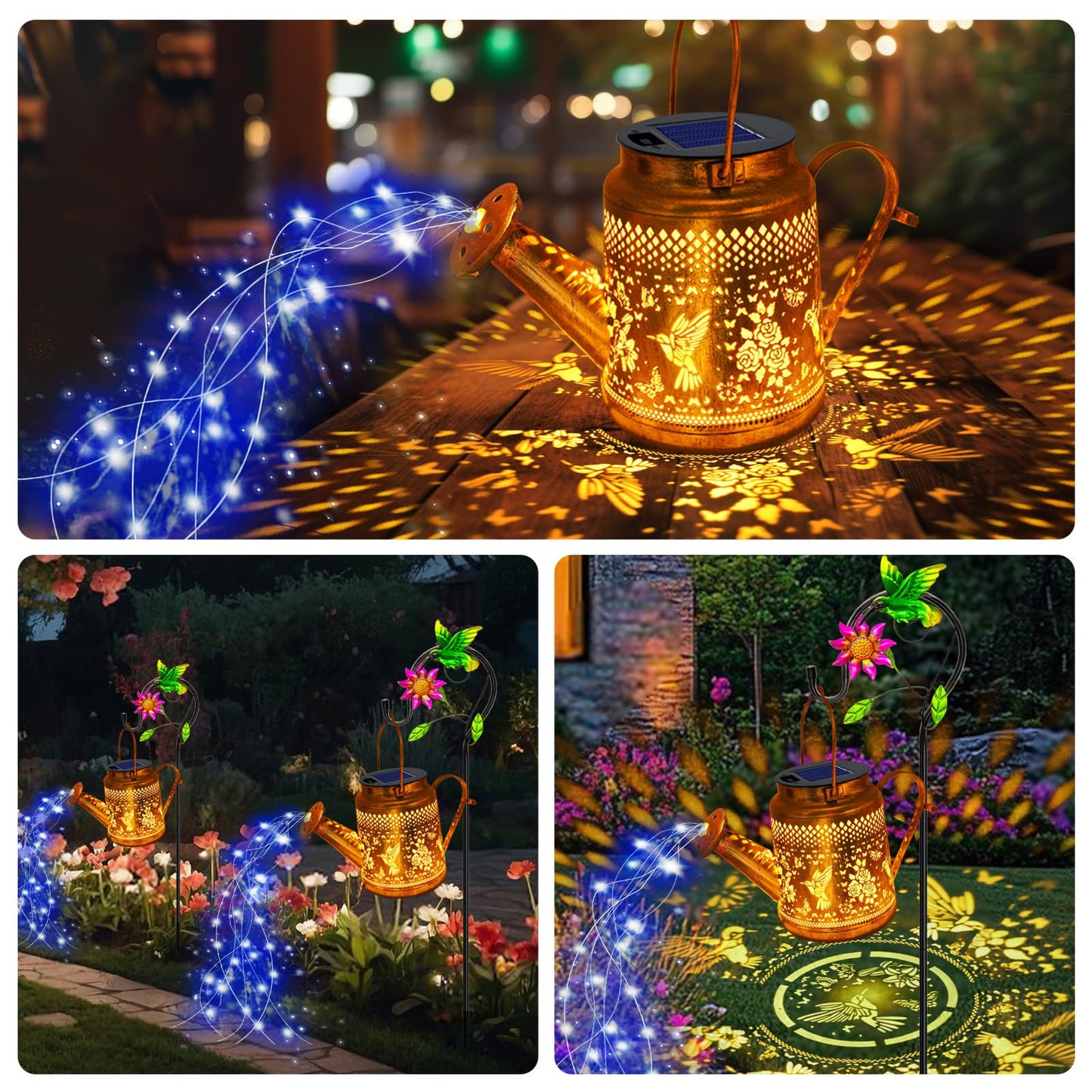 Big Solar Lanterns Outdoor Waterproof, Gift for Mom Grandma Women Wife Daughter Mother's Day, Blue Hummingbird Watering Can Light With Shepherd Hook, Solar Path Light Yard Outdoor Patio Garden Decor