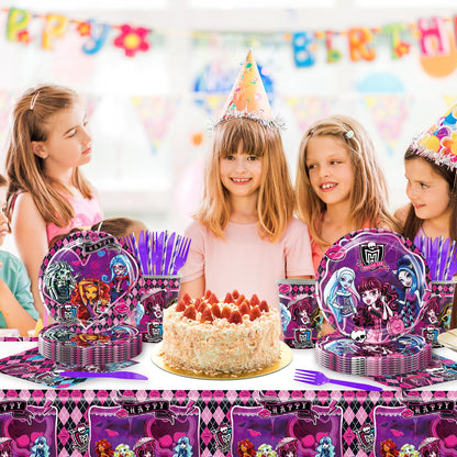 141Pcs Monster Academy Party Supplies Gothic Paper Plates (9"+7"), Cups, Napkins, Forks, Knives, Straws, 1 Tablecloth Decorations with Skull, Bat Print for Birthday, Horror Movie Night Halloween