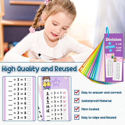 Anemeeoke 30Pack Multi Math Flash Cards, Multiplication Division Flashcard, with 2 Dry Erase Markers, 2 Rings, Educational Times Table Flashcards for Classroom Home