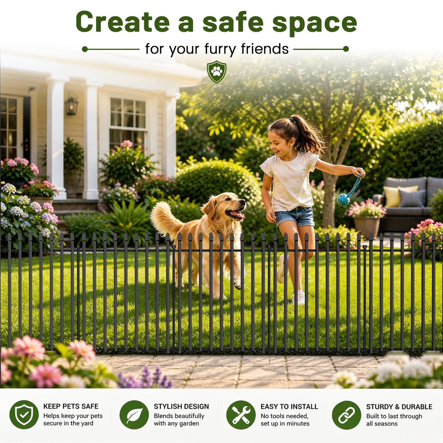 10 Panels No Dig Decorative Garden Fence, 32in(H)×22ft(L) Heavy-Duty Rustproof Metal Panels, Outdoor Dog Barrier for Yard & Patio, Landscape, Border| Portable Temporary Fencing