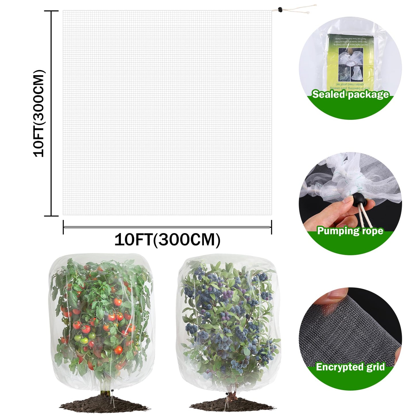 2 PCS Large Fruits Tree Netting Cover for Garden 10 x 10 ft Garden Insect Bird Barrier Plant Netting for Tomato Blueberry Bush Netting Covers Deer Cicada Netting Cover Bag with Drawstring