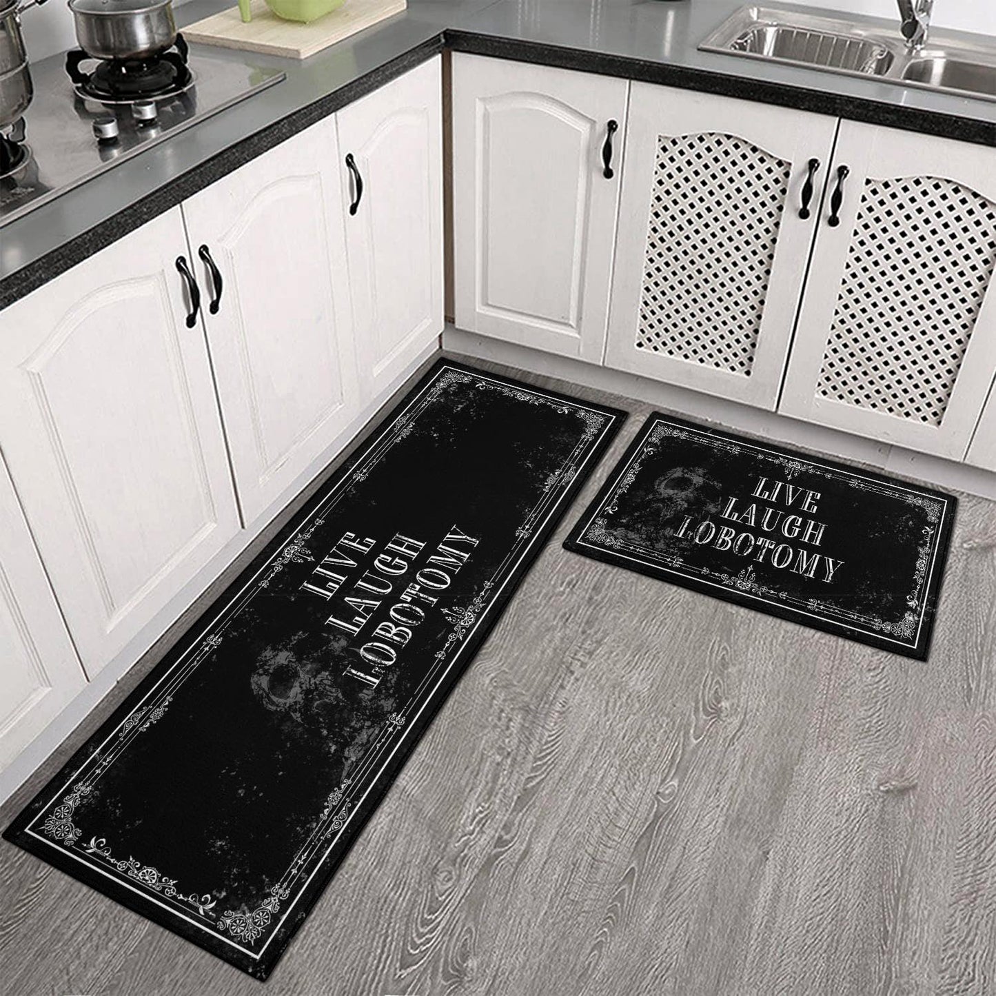 Fuoxowk Goth Kitchen Mat Set of 2 - Non Slip Halloween Spooky Kitchen Rugs Black Goth Rug Skull Witchy Rug for Home Kitchen - Live Laugh Lobotomy Sign - Halloween Gothic Kitchen Decor Accessories