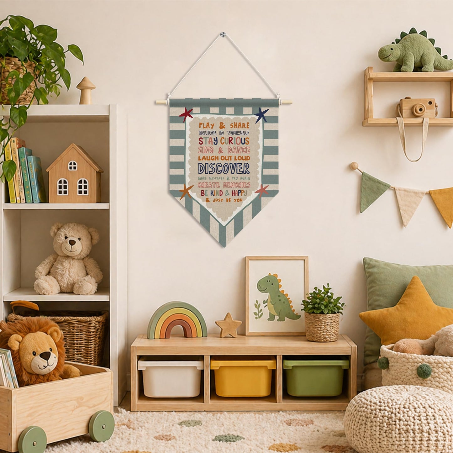 RUKUPA Kids Positive Affirmations Wall Art Decor, Playroom Hanging Pennant Flag, Inspirational Retro Nursery Wall Art Poster Hanger for Kids Boys Girls Room Bedroom Playroom Decor, 11x15 Inch
