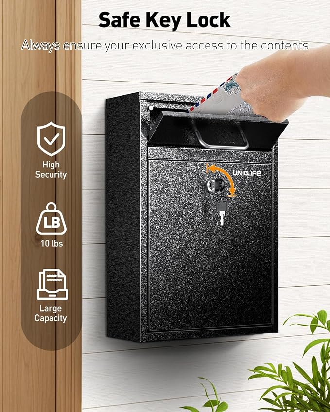 Uniclife Wall Mount Mailbox for Outside, Anti-Theft Heavy Duty Locking Mailbox, Large Mailbox with Key Lock, Security Mail Box, Safe Key Drop Box, Post Box, Steel Cash Drop Box for Home Office, Black