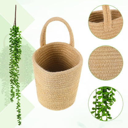 Umigy 2 Pack Wall Hanging Rope Baskets with 4 Pcs Faux Strings of Pearls Plant Jute Hanging Basket with Artificial Succulents for Porch Living Room Bedroom Entryway Patio Outdoor Decoration
