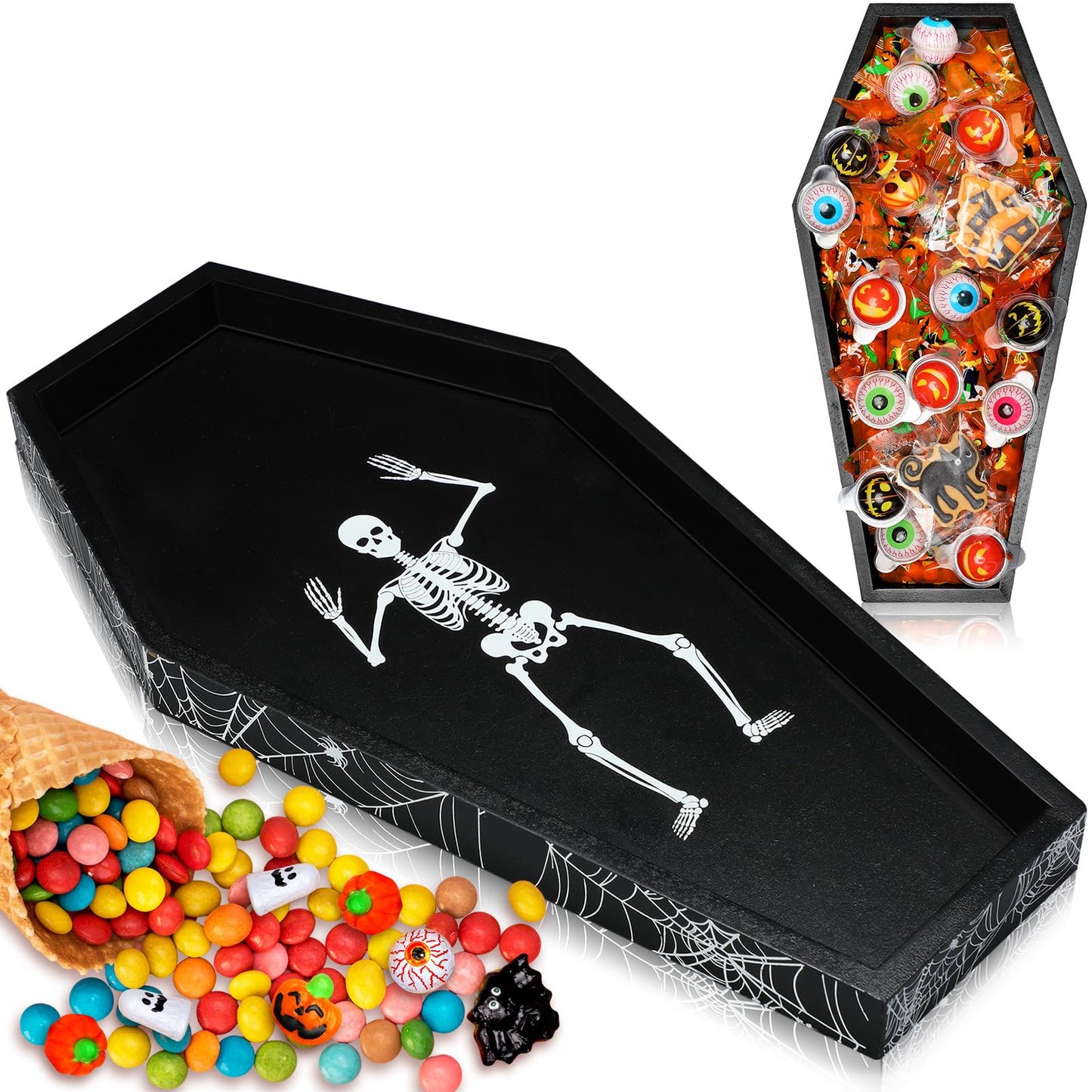 Teenyyou 15.7 x 7.8 Inch Halloween Coffin Charcuterie Board Wood Coffin Serving Tray with Skeleton Spider Web Decor Halloween Black Candy Bowl Gothic Serving Box for Mantel Kitchen Accessories Party