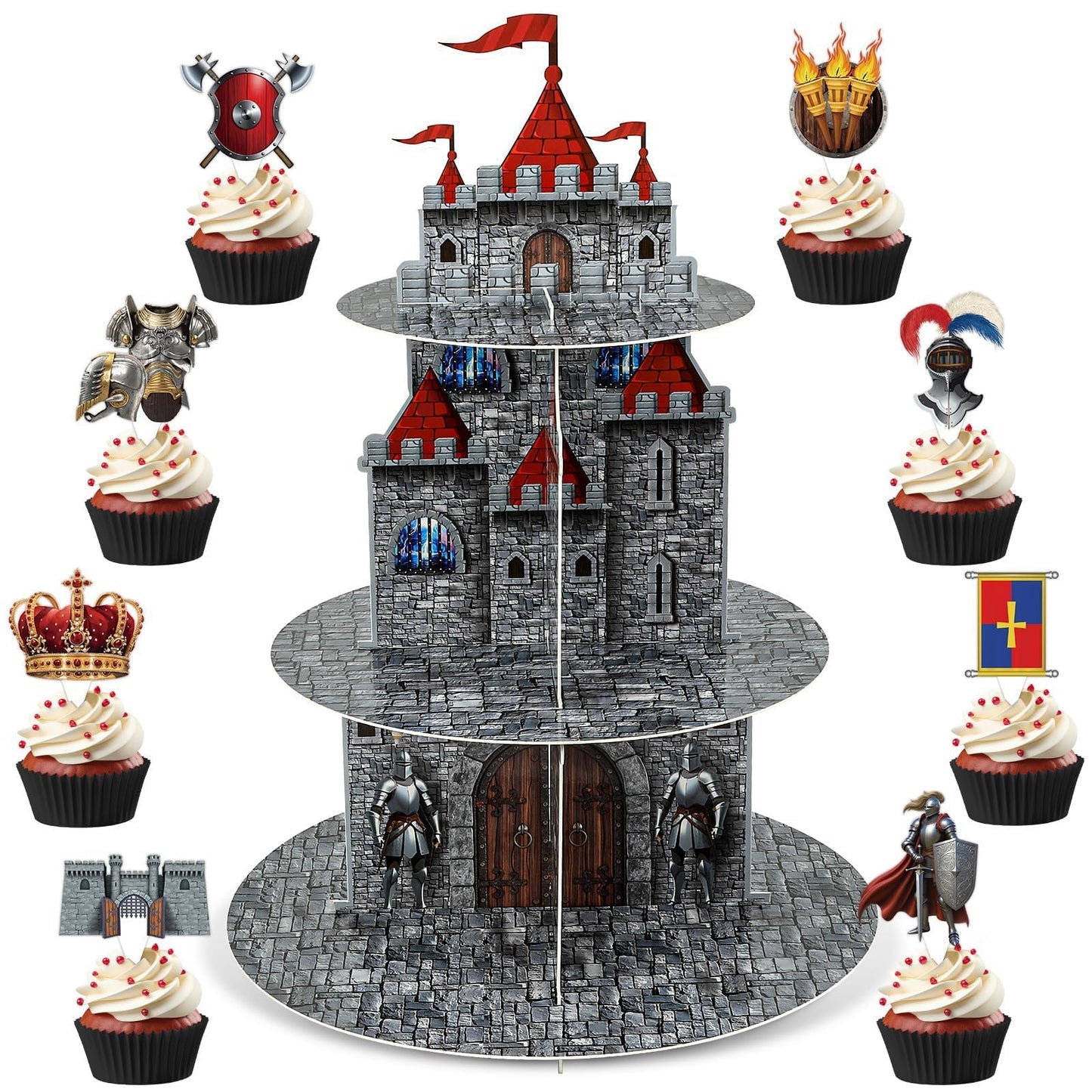 3 Tier Medieval Castle Cupcake Stand Decor with 24 Cake Toppers Knight Birthday Party Decorations Medieval Theme Dessert Cardboard Stand Tower Castle Cupcake Holder for Boys Baby Shower Supplies