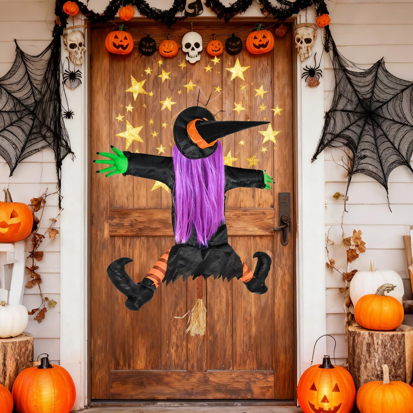 Huoety 54" Crashing Witch Halloween Decoration – Flying Witch on Broom Colliding with Tree for Outdoor Yard, Porch, Garden, and Haunted House Décor – Betty Bash Large Halloween Prop