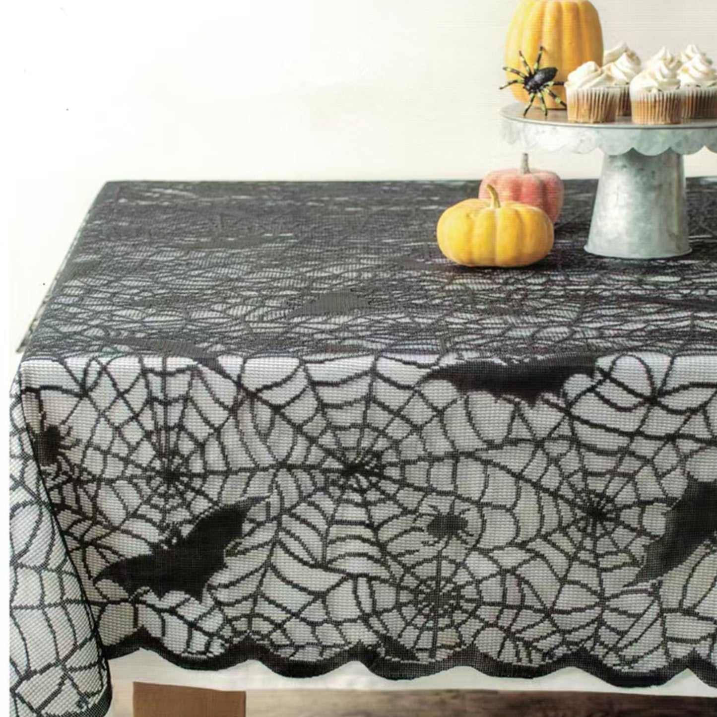 Mluiov Halloween Tablecloth Lace Black Bat Spider Web Decorations Halloween Party Fall Table Cloth Gothic Decor Round Table Cover, 70 Inch