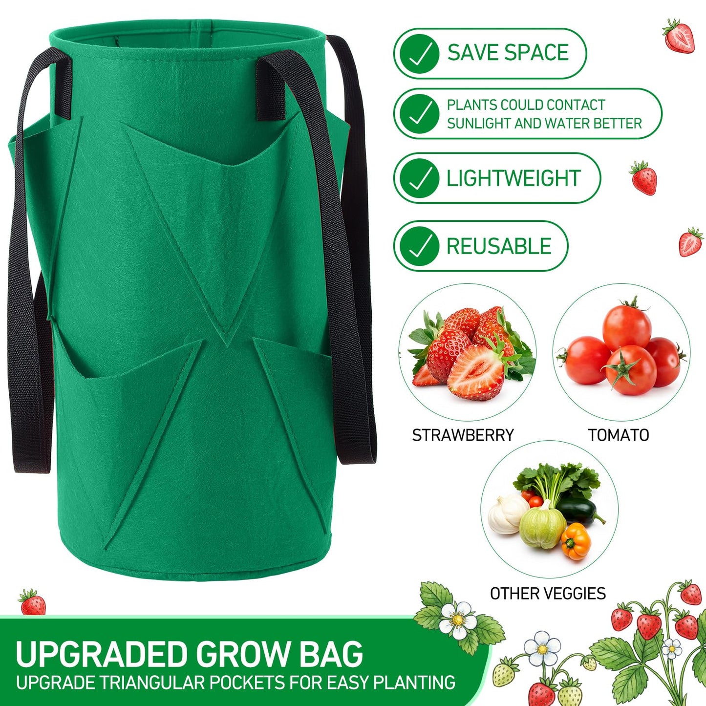 SATINIOR 10 Pack Upside Down Strawberry Planter Set Hanging Vegetables Grow Bags with 10 S Hooks, 3 Gallon Fabric Planting Bags for Easy Vertical Gardening(Deep Green)