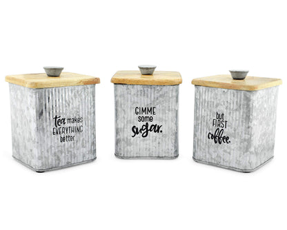 AuldHome Design Farmhouse Galvanized Canisters (Set of 3); Storage Containers for Coffee, Tea and Sugar in Galvanized Iron and Wood Design