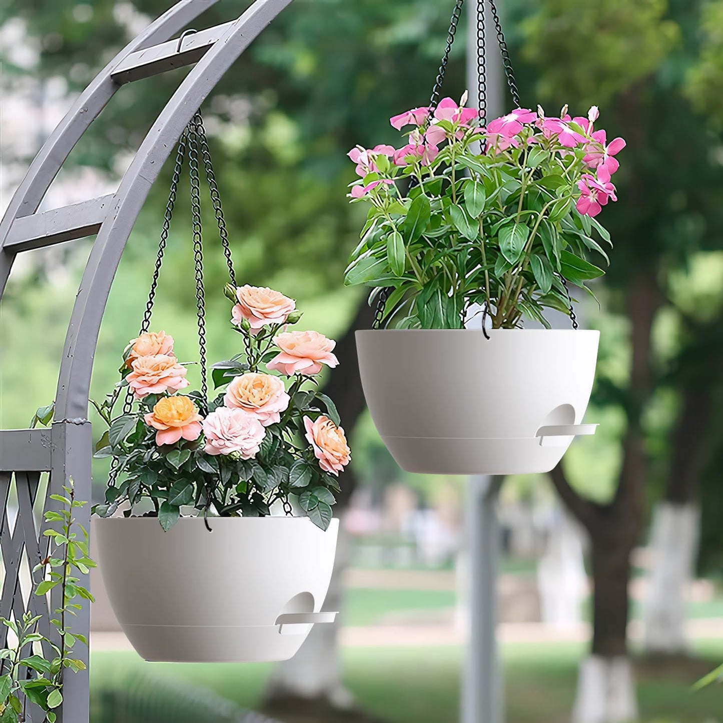 UOUZ Set of 3-10 Inch Self Watering Hanging Planters for Indoor Outdoor，Hanging Plant Pots with Drainage & Removable Tray, Hanging Pots for Pothos Plant, Spider Plants, Ferns, Balcony & Patio, White