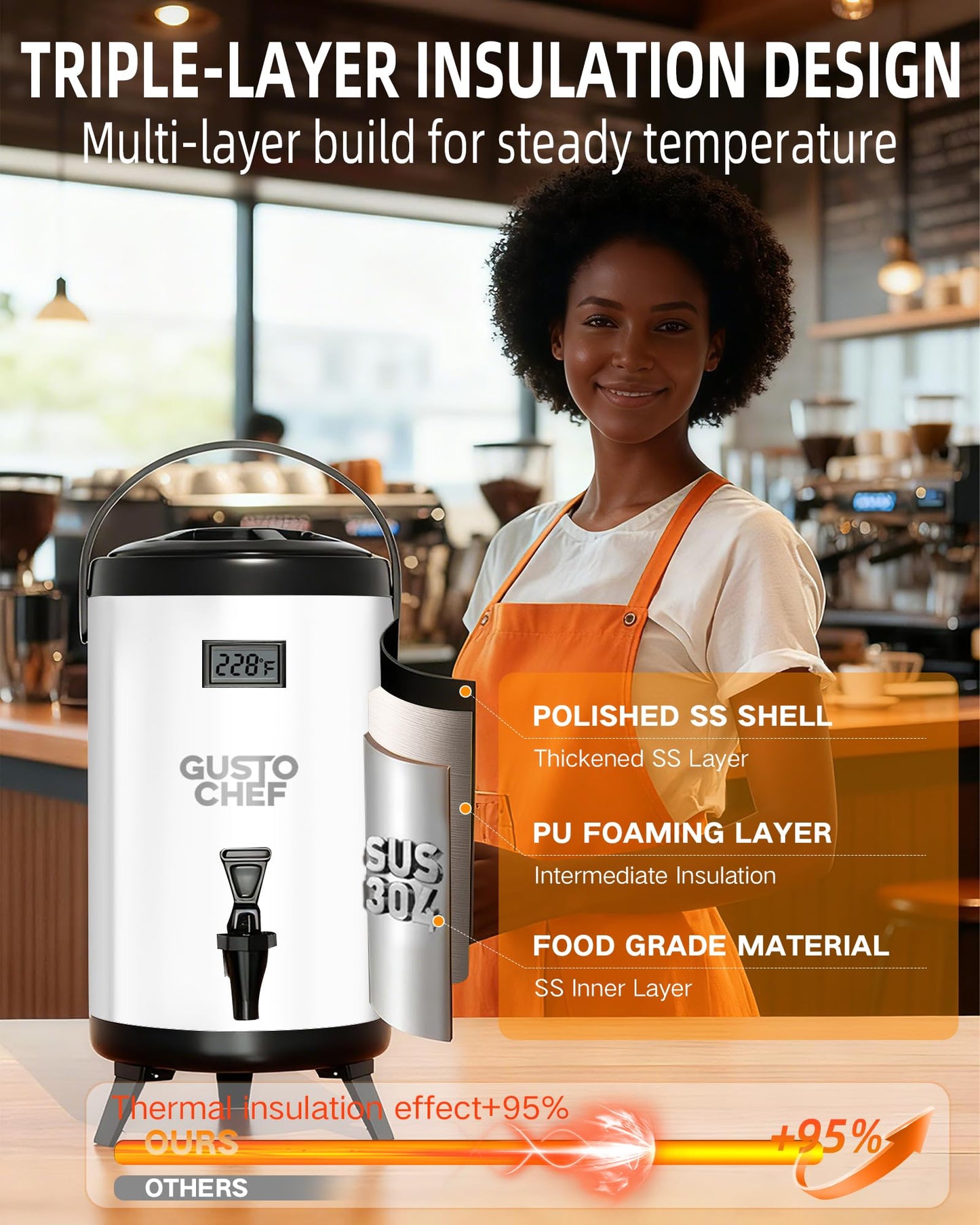GUSTOCHEF Insulated Beverage Dispenser 3 Gallon,Hot&Cold Drink Dispenser with Spigot,LCD Thermometer,Stainless Steel Triple-Layer Insulation,for Tea Coffee Milk Juice,Party Buffet(Silver, 1 Pack)