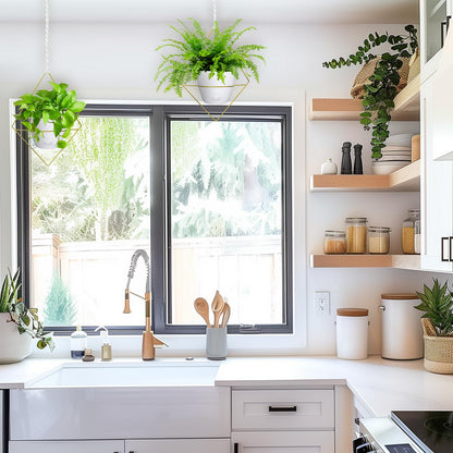 Hanging Planters for Indoor Plants, 2 Set Self Watering Hanging Flower Pots, Modern Hanging Plant Baskets with Metal Plant Holder & 6.5 Inch Plastic Pots for Garden Home Decor (Gold Frame White Pot)