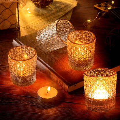 Set of 24 Glass Votive Candle Holders Clear Tealight Candle Holder with Gold Rim Embossed Tealight Holder Tea Light Candle Holders for Table Centerpiece, Wedding, Birthday, Holiday Decoration