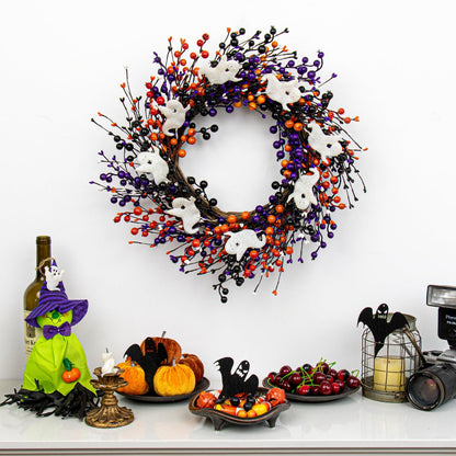 MG MagicGarden 20-Inch Halloween Wreath - Handmade Orange & Black Berry Wreath with Adorable Mini Ghosts, Spooky Front Door Decor for Halloween Party