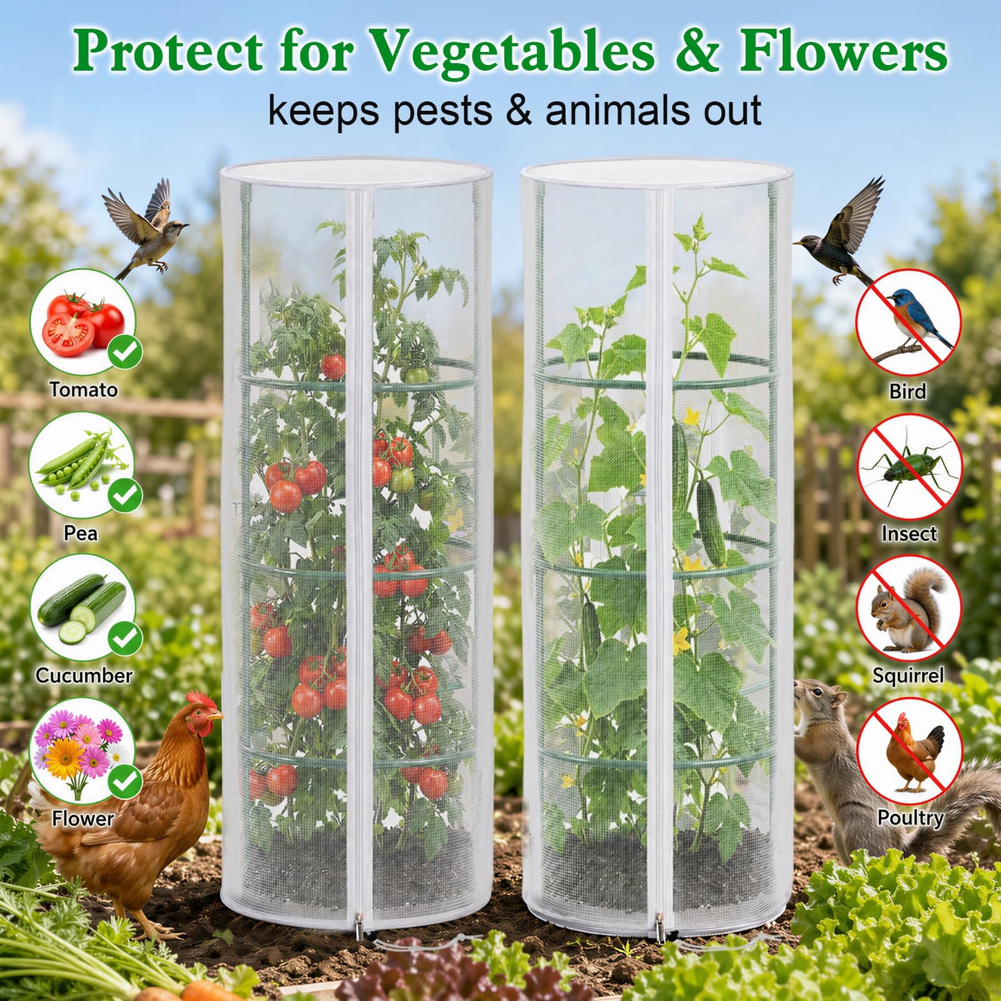 2 Pcs Garden Mesh Plant Cover for Round Tomato Cage, 57" x 15.7" Insect Bird Netting Protection Net Covers with Zipper & Drawstring, Garden Tomato Trellis Netting for Climbing Plants