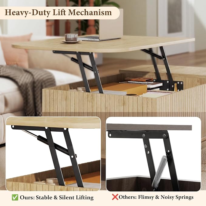 HUAHUU Coffee Table with Storage, 37.4" Lift Top Table for Living Room, Mid Century Modern Coffee Table with Sliding Fluted Doors for Small Space, Light Oak